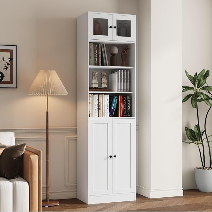 TUSY 85.5 Inch Tall Bookshelf with Doors - 7 Tier Bookcase with Glass Doors and Drawer, 23.6" Wide Storage Cabinet with Open Shelves for Living Room, White Book Shelf for Home Office, Study (A)
