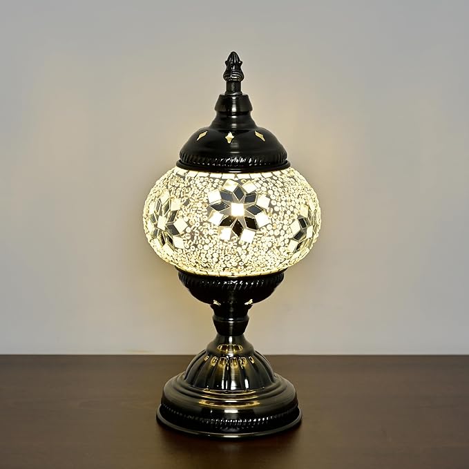 GOGERS Turkish Moroccan Table Lamp Lantern with Handmade Mosaic Glass Lampshade Tiffany Style Bohemian Stained Glass Decorative Desk Lamps Bedside Night Lights for Bedroom (White Fancy)