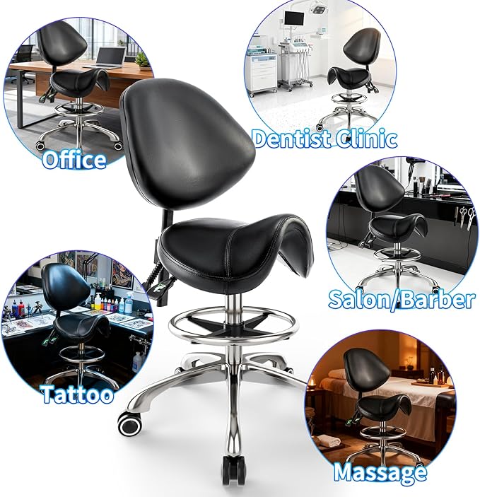 Saddle Chair with Back Support - Tilted Backrest, Adjustable Foot Rest, 350 LBS Capacity Ergonomic, 360° Swivel Drafting Chair for Salon, Spa, Massage, Tattoo, Facial lash, Home, Dentist (Black)