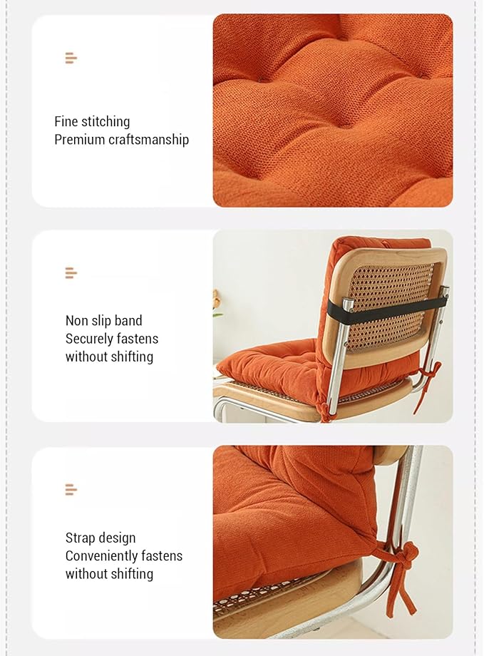 Seat Cushion with Back Support, 31.5 Inch Chenille and PP Cotton Integrated Chair Pad with Fixed Strap for Office Desk and Dining Chairs (Orange)