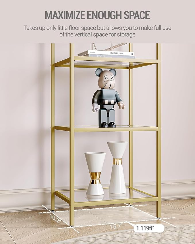 Hzuaneri Bookcase Bookshelf, Tempered Glass Bookshelves, Slim Shelving Unit for Bedroom, Bathroom, Home Office, Steel Frame, 6 Tier Gold BC10601G