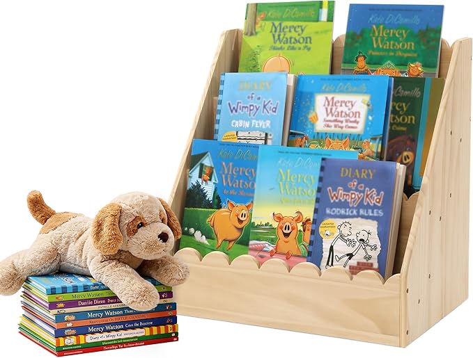 BALAPET Scalloped Book Shelf for Kids, 3-Tier Wooden Bookshelf Perfect Height for 1-5 Years Toddler, Durable Bookcase Book Organizer for Nursery Room(Wooden,23.6 * 16.5 * 10.6in)