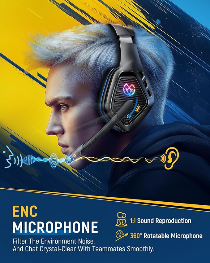 Tatybo Wireless Gaming Headset for PC, Ps5, Ps4, 2.4 Ghz USB & Type-C Gaming Headphones with Microphone, 30H Battery Bluetooth Headphones for Switch, Laptop, Mobile, Mac (Black Blue)