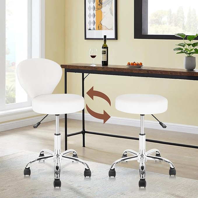 KLASIKA Set of 4 PVC Faux Leather Rolling Swivel Salon Stool Chair with Low Back Support Adjustable Hydraulic Seat Height 22 IN Diameter 15 IN for Office Massage Facial Spa Medical Tattoo White 4 Pack