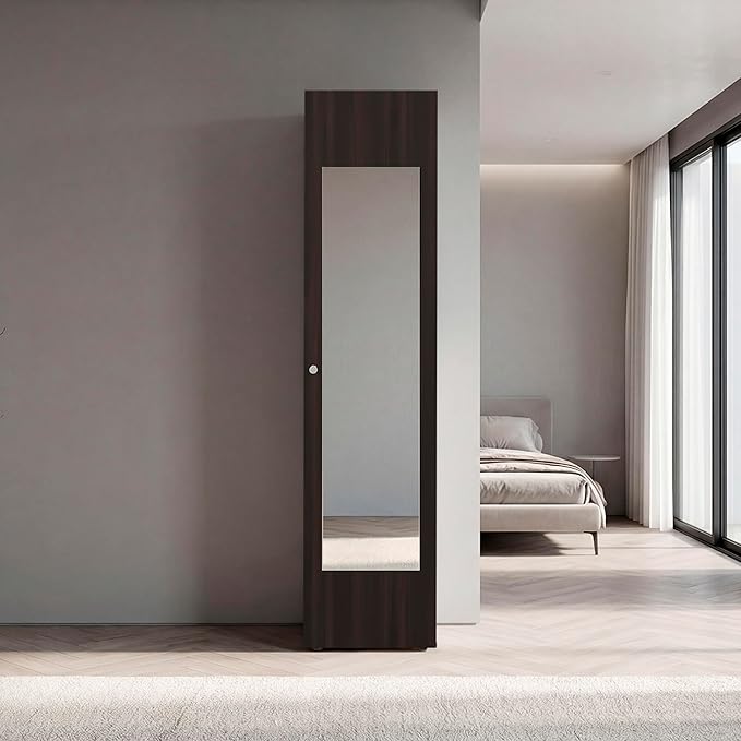 Saily Storage Cabinet with 4 Shelves and Mirror on Door, Modern Design, Walnut Mirror on Door: Includes a full-length mirror, making it convenient for quick outfit checks. Easy Access: Features a s