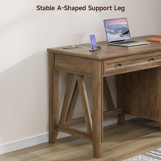 ONBRILL 54 Inch Farmhouse Executive Desk, Computer Desk with Drawers, Home Office Desk with Charging Station, for Working Studying Writing, Brown