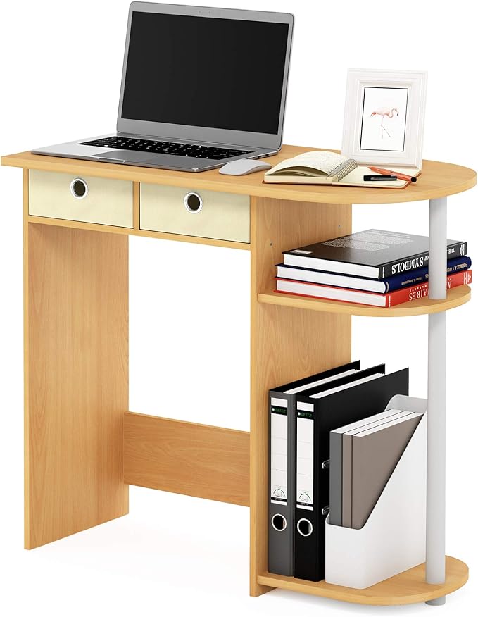 Furinno GO GREEN Desk, 31.5" Wide Gaming Desk with 2 Side Shelves and Storage Bins, Computer Desk, Office Desk for Home Office, Study Room, Dorm, Bedroom, Beech