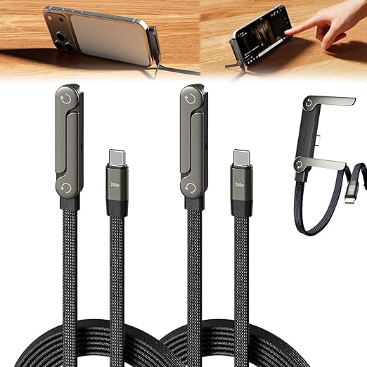 Sideways Phone Charger, Multi Charging Cable, 2-in-1 Invisible Holder Charger Cable, 240w Fast Charging Cord with Built-in Phone Stand for Smartphones Tablets (2 pcs)