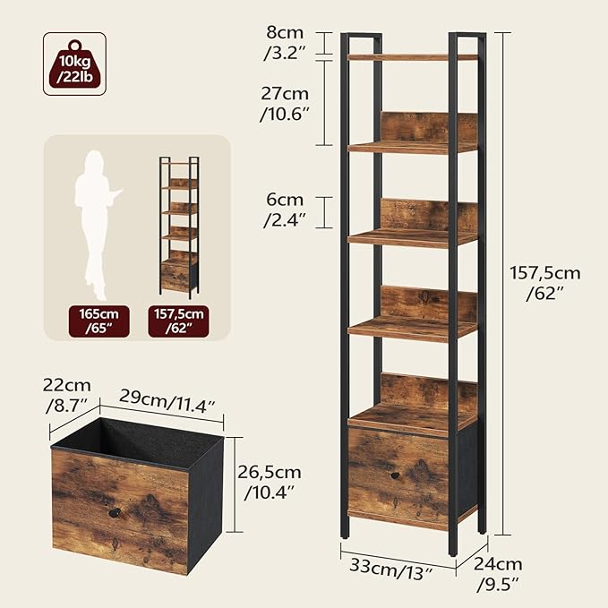 MAHANCRIS Bookshelf, 6-Tier Bookcase with Drawer, Small Book Shelf for Small Space, Storage Shelf Organizer, for Living Room, Bedroom, Study, Kitchen, Rustic Brown and Black BKHR66101