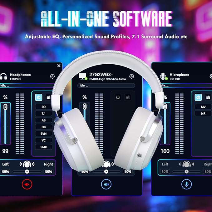 ATTACK SHARK L30PRO Wireless Gaming Headset,7.1 Surround Sound, 50mm Drivers,20ms Low Latency,Detachable Noise-Canceling Microphone, Aluminum Alloy Frame,Quad-Mode Connectivity-White