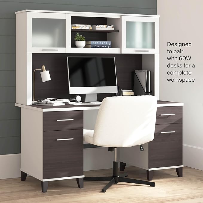 Bush Home 60-Inch Desk Hutch, Office Storage Organizer with Shelves, Cubbies and Frosted Glass Doors for Computer Desk, Home Office Furniture, Somerset Collection, Storm Gray and White