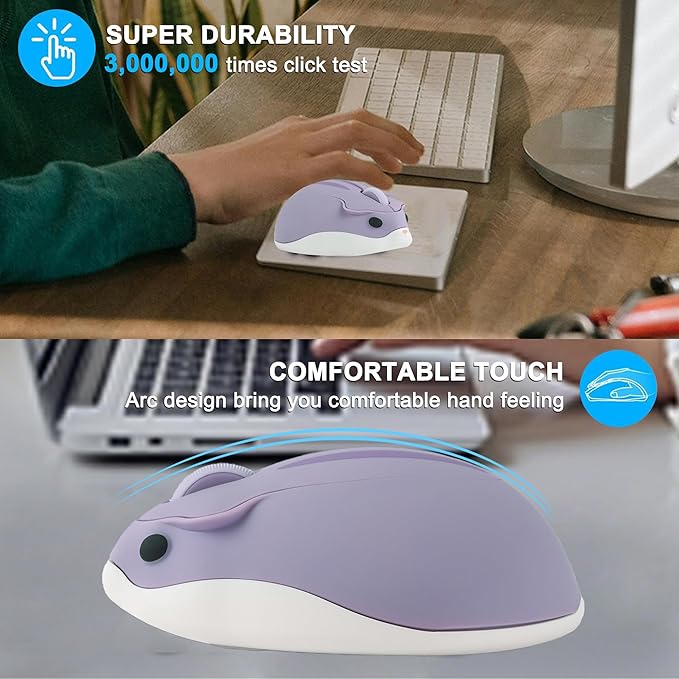 Bluetooth & USB Dual Mode Wireless Mouse,Cute Animal Hamster Shape,Silent Click Portable Compact Lightweight,Purple Cordless Mice for ipad PC Laptop Computer MacBook Kids Men Women School Office Gift