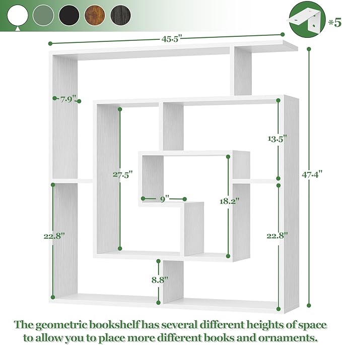 Armocity 6 Tier Display Book Shelf Wall Mounted Bookshelf Freestanding Geometric Bookcase Floating Book Shelves for Wall Bedroom Living Room Home Office, 45.5"(W) * 47"(H), White