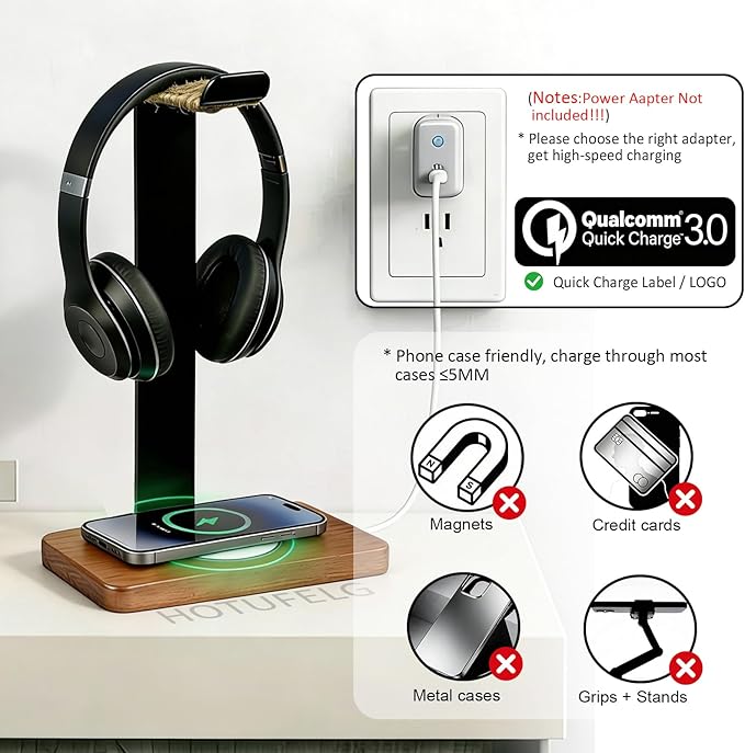 Handmade Wood Headset Stand with Fast Wireless Charging Pad- QI Wireless Charging Dock Compatible with iPhone 17/16/15/14 /Samsung Series,2-in-1 Universal Holder for All Table Headphones