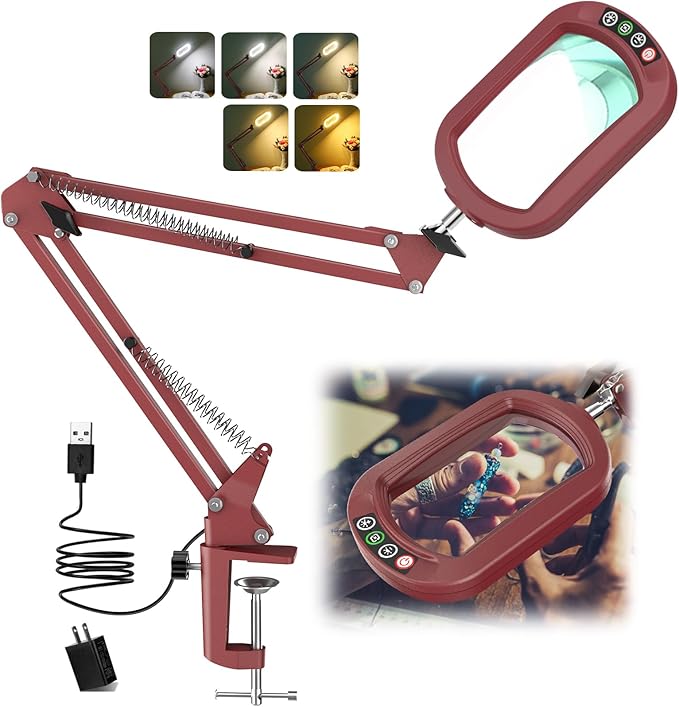 IVMAIE 10X Rectangle Magnifying Glass with Light, 5 Color Modes Stepless Dimmable Magnifier with Stand, LED Lighted Clamp Desk Lamp with Swing Arm, Hands Free for Reading Painting Close Work - Red