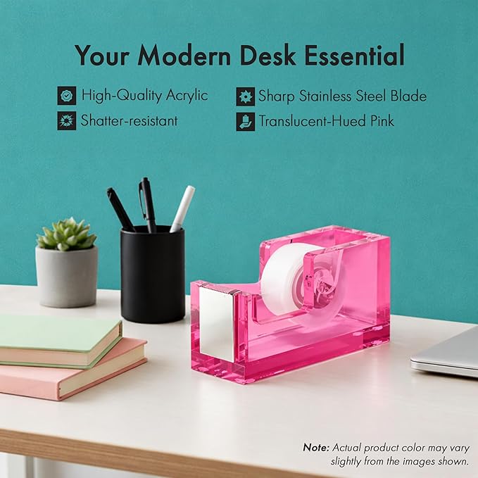 OfficeGoods Acrylic Tape Dispenser – Modern Desk Organizer for Office Supplies, Heavy Duty Refillable Tape Holder for Home and School Crafting, Stylish Desktop Accessory for Gift Wrapping, Pink