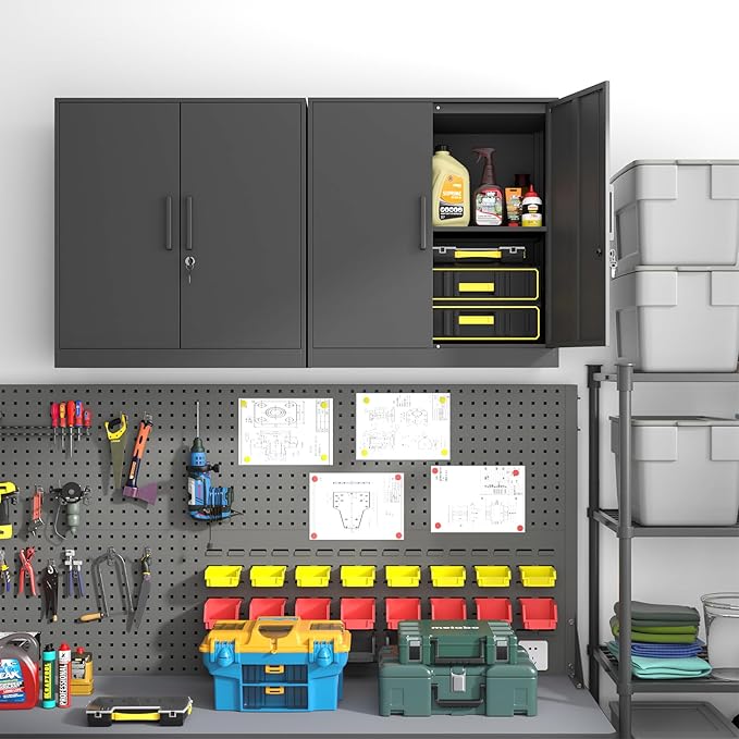 IRONFFICE Metal Wall Cabinet,28" H Wall Mounted Storage Cabinets with 2 Doors,Lockable Steel Utility Cabinet for Garage,Workshop,Office (Black)