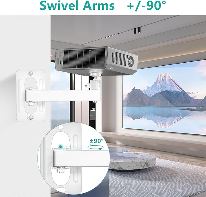 WALI Mini Projector Wall Mount, Full Motion Adjustable Bracket for 1/4" M4 M6 Screws, Hanging Holder for Small Projectors, Supports up to 4.4lbs - 1330LM-PMWS, White