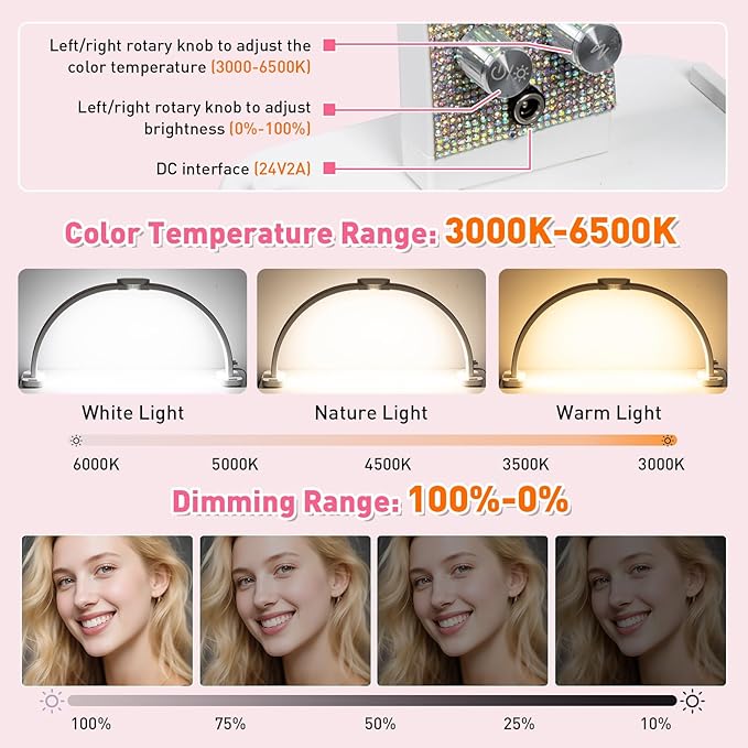 HITTI 31in Half Moon Light for Nail Desk, Foldable, Phone Stand, LED Adjustable Brightness and Color, 48W, Arch Nail Tech Table Lamp for Manicure, Craft, Art, Eyelash Extension (Crystal Diamond)