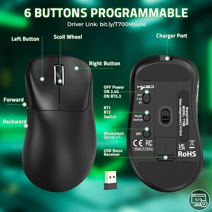 ZIYOU LANG × HXSJ T700 Wireless Gaming Mouse,Adjustable 10K DPI 1K Optical Sensor,2.4G/BT/USB-C Rechargeable 6 Programmed Buttons,56g Lightweight Right-Handed Ergonomic Computer Mice for PC/Mac-Black