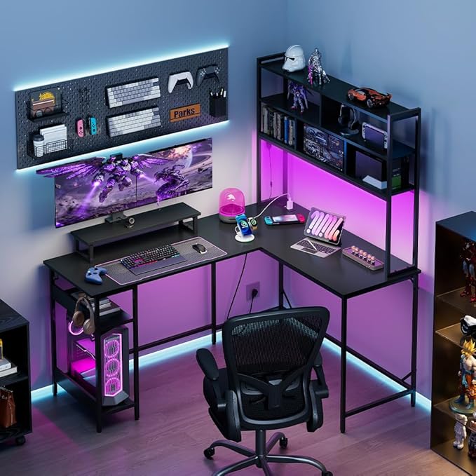 DEVAISE L Shaped Gaming Desk with Hutch, Reversible Computer Desk with LED Light, 3-Tier Shelves, 2 AC+2 USB Outlet and Monitor Stand, Corner Desk with Storage for Home Office (Black, 60 Inch)