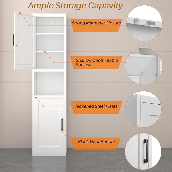 Metal Bathroom Storage Cabinet, 67" H Tall Narrow Bathroom Storage Cabinet, Slim Cabinet for Small Spaces, Bathroom, Pantry