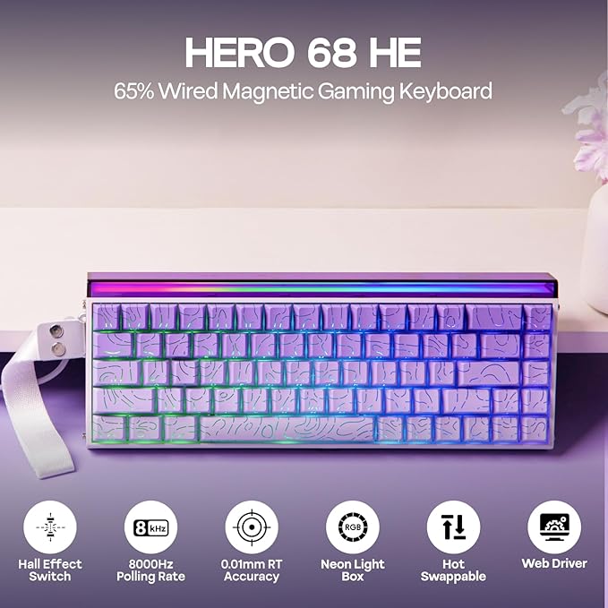 EPOMAKER Aula Hero 68 HE Wired Magnetic Gaming Keyboard, 0.01mm Adjustable Actuation, Rapid Hall Effect Switch, 8kHz Polling, 5-Layer Sound Dampening, RGB Box & Backlight (Purple)