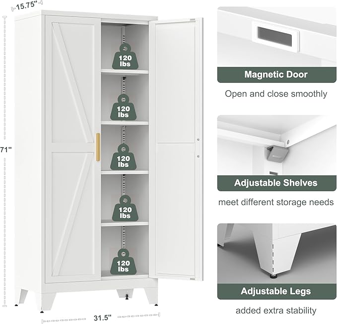 Washsemba 71'' Farmhouse Metal Storage Cabinet with Barn Doors,Steel File Cabinet for Home Office,Kitchen Pantry 4 Adjustable Shelves,Freestanding Cupboard for Kitchen,for Home Office,School (White)
