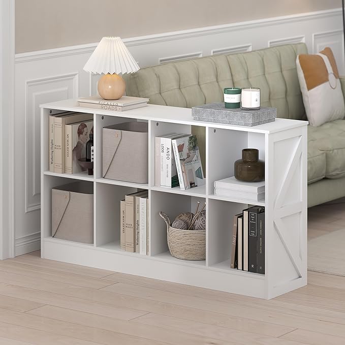Furinno Jensen Book Shelf, 8-Cube Farmhouse Bookshelf, Display Bookcase, 11.8 x 47.6 x 26.8, for Living Room, Bedroom, Home Office, White