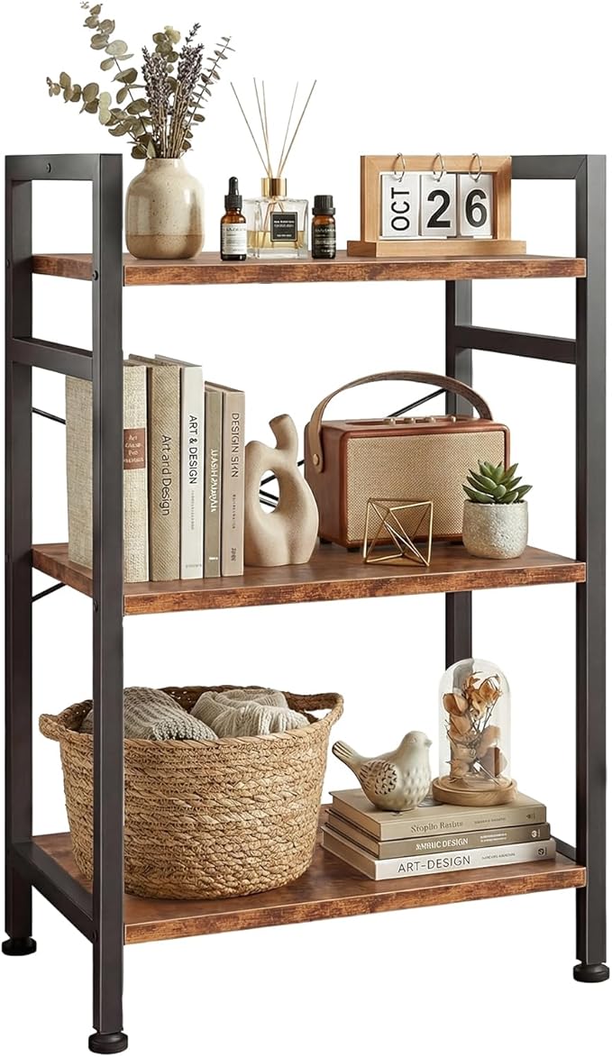 3 Tier Bookshelf, Free Standing Wooden Bookcase with Open Storage Shelves with Metal Frame, Sturdy Shelf Organization Display Rack for Living Room, Bedroom, Home Office, 27.6" Tall, Brown