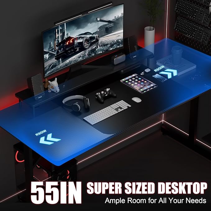 GTPLAYER 55 Inch Gaming Desk with LED Lights, Large Computer Desk with Mouse Pad for Home Office, T-Shaped Carbon Fibre Surface PC Game Workstations with Headphone Hook