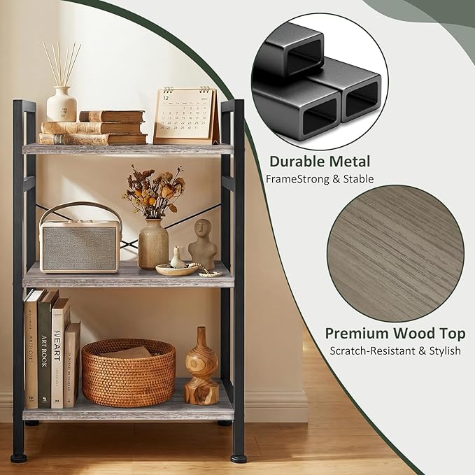 3 Tier Bookshelf, Free Standing Wooden Bookcase with Open Storage Shelves with Metal Frame, Sturdy Shelf Organization Display Rack for Living Room, Bedroom, Home Office, 27.6" Tall, Grey