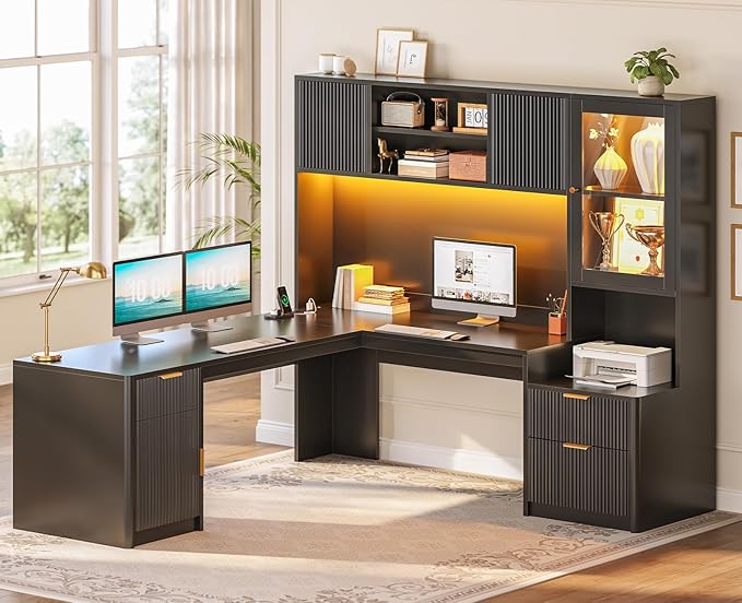 SEDETA 67" x 65" L Shaped Desk with Hutch, RGB LED Corner Computer Desk with Power Outlets, Fluted Home Office Desk with File Drawer, Storage & Glass Display Cabinets for Gaming & Working, Black