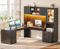 SEDETA 67" x 65" L Shaped Desk with Hutch, RGB LED Corner Computer Desk with Power Outlets, Fluted Home Office Desk with File Drawer, Storage & Glass Display Cabinets for Gaming & Working, Black