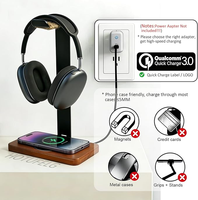 Handmade Solid Wood 2-in-1 Headset Stand with Wireless Charger 15W Max Fast,Wireless Charging Dock Compatible with iPhone 17/16/15/14 /Samsung Series,Universal Holder for All Desk Headphones