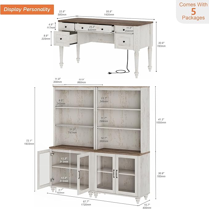 WAMPAT Home Office Furniture Set, 56" Executive Desk with Charging Station, 72" Tall Bookcase with 4 Glass Doors, Wood Computer Desk with File Cabinet Storage, Open Shelf, Rustic White