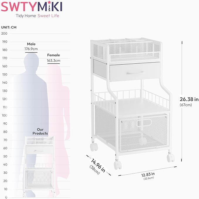 SWTYMIKI Rolling Under Desk Storage - Utility Cart with Drawers & DIY Divider - Art Cart Organizer on Wheels - Craft Storage Drawers Rolling Cart for Office, Craft Room & Studio White