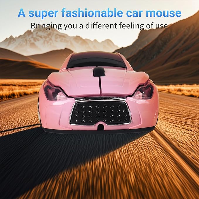 elec Space Wireless Mini Mouse with Case - Cute Sports Car Shape, Lightweight & Portable, 10m Range, Plug and Play (Pink)