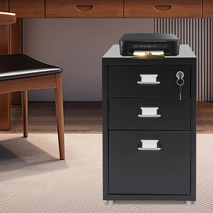 3-Drawer Metal File Cabinet, Mobile File Cabinet with Lock, Rolling Vertical Filing Drawers Under Desk for Home Office, 11 * 16 * 18.3in (Black)