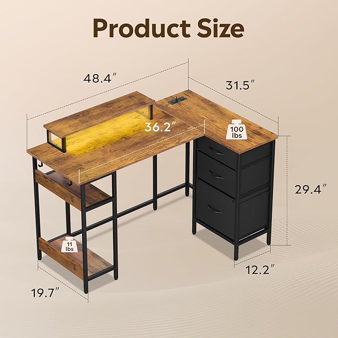 DEVAISE L Shaped Desk with Drawers and Storage, L Shaped Office Desk with Power Outlets, CPU Stand, Monitor Stand, Gaming Table with LED Light, Corner Desk for Home Office (Rustic Brown, 48*31 Inch)