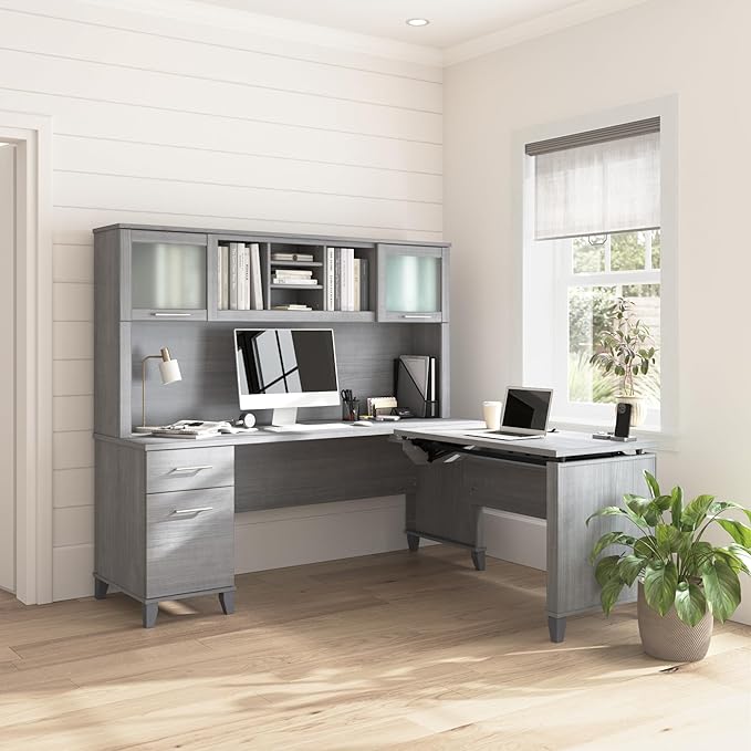 Bush Home Somerset 72W 3 Position Sit to Stand L Shaped Desk with Hutch in Platinum Gray | Adjustable Height Table for Office