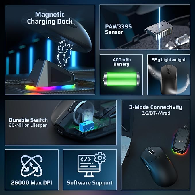 LTC GM022 Ultralight 3-Mode Wireless Gaming Mouse with RGB Charging Dock, PAW3395 26K DPI Sensor, 55G Lightweight Ergonomic Bluetooth Gaming Mouse, 5 Programmable Buttons, 80 Million Click Switch