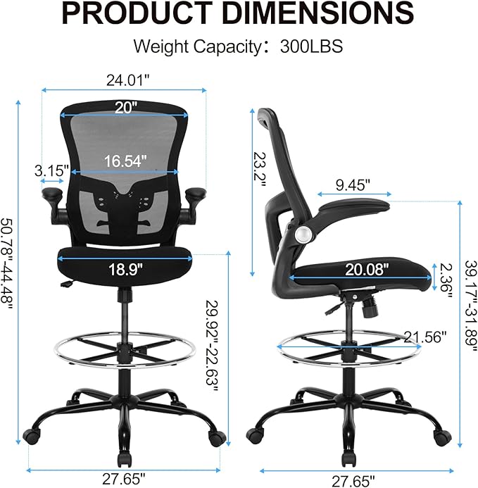 Drafting Chair, Ergonomic Tall Office Chair with Lumbar Support Standing Desk Stool with Flip-up Armrests Comfy High Office Desk Chair with Adjustable Foot Ring for Counter Height Desk, Black