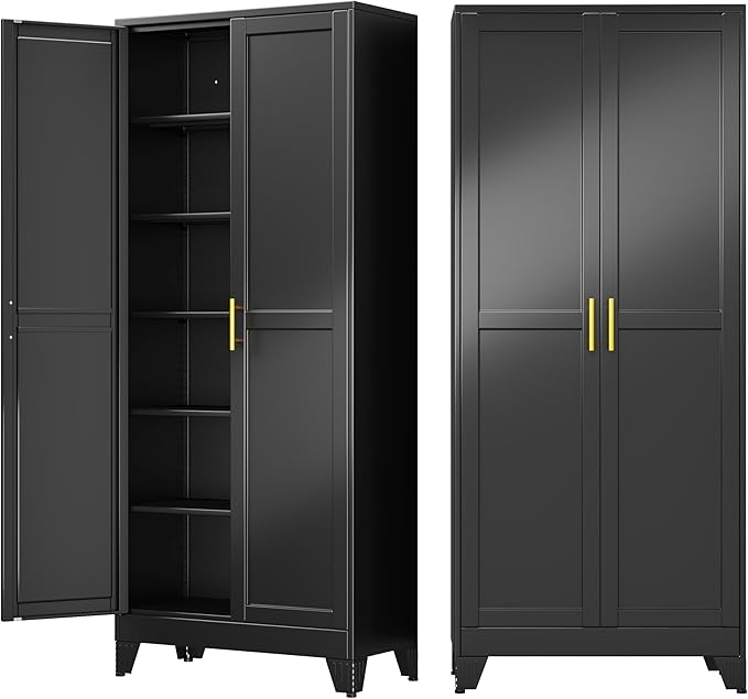 75" Metal Storage Cabinet with Adjustable Leveling Foot,Garage Storage Cabinets with 2 Doors and 5 Adjustable Shelves, Black Steel Cabinet for Office,Home,Garage