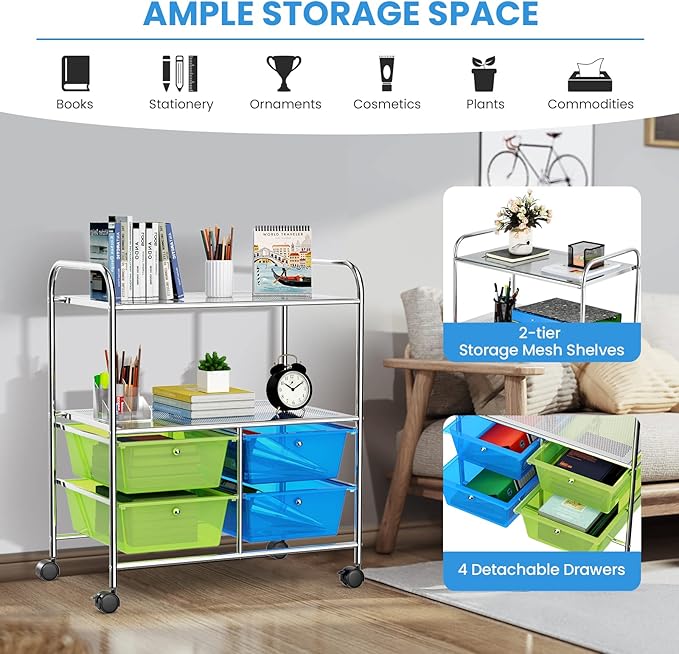Moccha Rolling Storage Cart with 4 Drawers - Storage Drawers Organizer with wheels for Craft Art Supply Paper Salon, Scrapbook Paper Tools, Movable Utility Cart for Classroom School Studio, Green