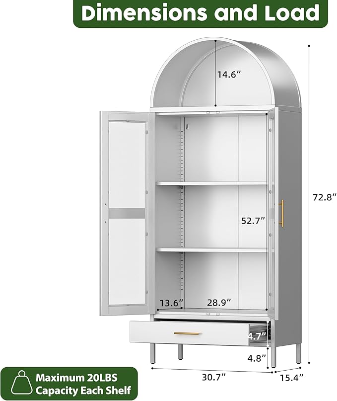 VEXPOR 73" Tall Arched Display Cabinet with Glass Doors, Metal Arched Curio Cabinet with Drawer for Living Room, Home Office, Assembly Required, White