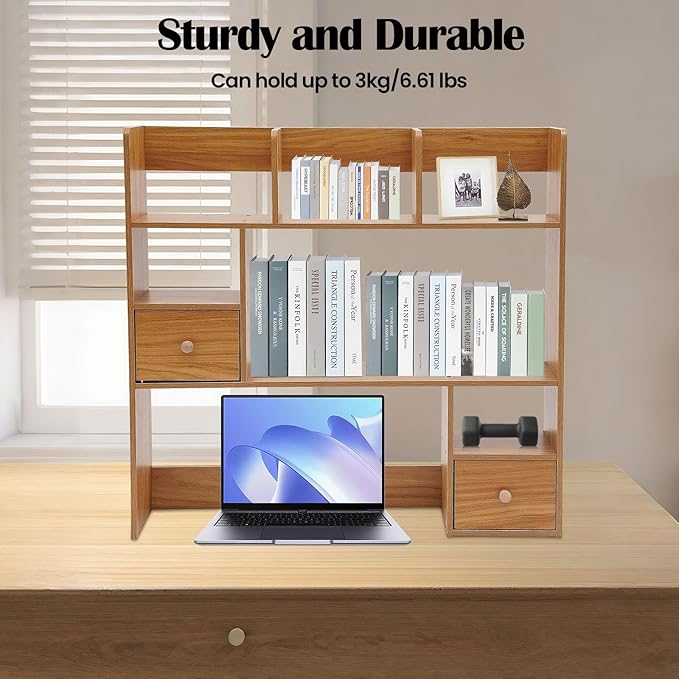 Desktop Hutch Bookshelf, 31.5 Inch Desktop Organizer Shelf with 2 Drawers & 7 Shelves, Desk Display Rack Desk Shelf for Home Office Dorm (Pine Color)