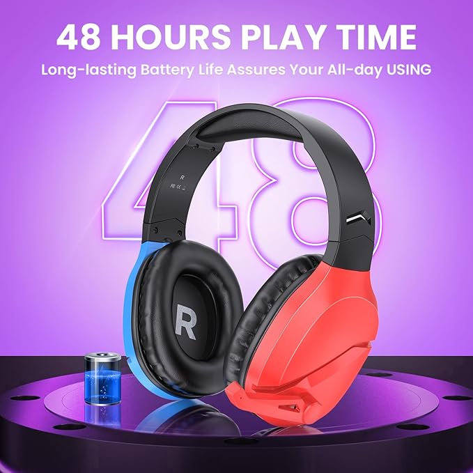 WolfLawS Wireless Gaming Headset with Noise Canceling Microphone for PS5, PC, PS4, 2.4G/Bluetooth Gaming Headphones with USB and Type-c Connector, Wired Mode for Controller - Blue and Red