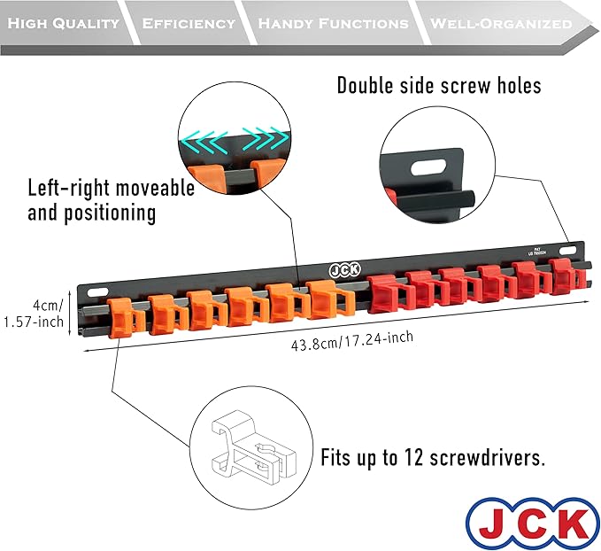 JCK Professional Quality Aluminum Screwdriver Organizer, Wall Mount Screwdriver Organizer, Toolbox Storage, Tool Storage Organizer,Garage Workshop,Hand Tool Holder,Flathead and Phillips Screwdrivers