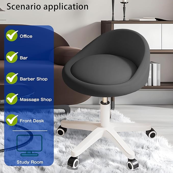 Swivel Rolling Stool with Wheels, Height Adjustable PU Leather Drafting Chair, Round Seat for Salon, Spa, Tattoo, Office, Home Use Black Set of 2